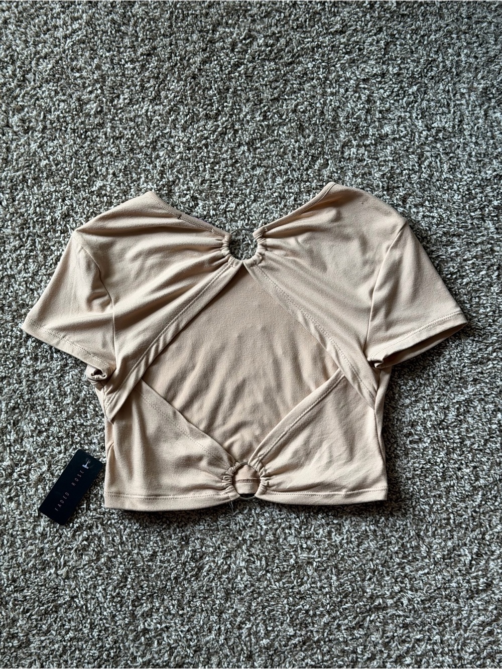 Ring-Detail Beige Cutout Crop Top